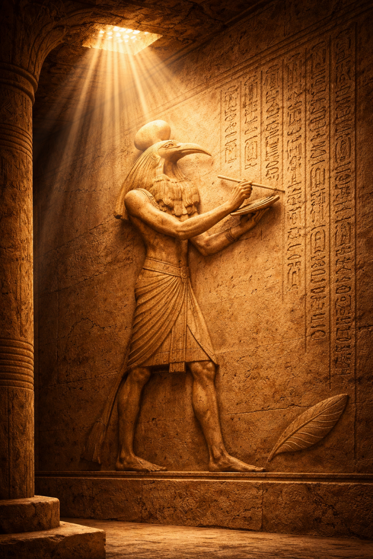 Thoth inscribing hieroglyphs in temple